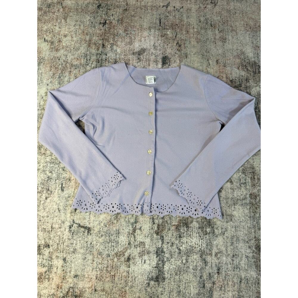Women's Purple Fleece Cardigan M Laser Cut Trim Granny Cottage Feminine Y2K
